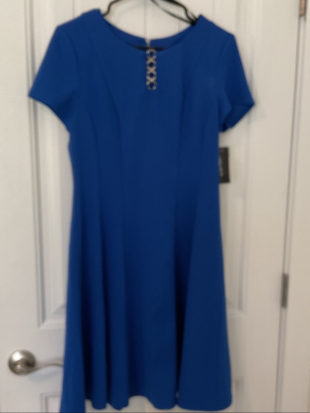 Alyx Royal Blue Short Sleeve A-Line Dress with Decorative Ring Detail